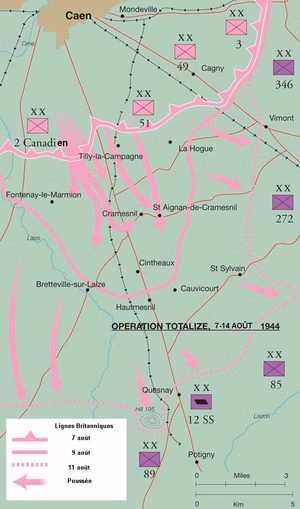 Poussée Alliée lors de l'Opération Totalize du 7 au 14 août 1944 pour déloger les Allemands de Falaise en Normandie.