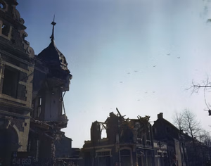 Allied Aircraft Cross the Rhine, Kevelaer, Germany, 24 March 1945 Allied gliders and aircraft flying over the devastated town of Kevelaer on their way to the Rhine crossing.