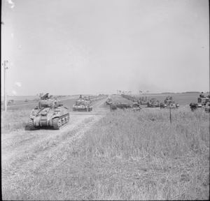 The 1st Polish Armoured Division in the Normandy Campaign 1944 Sherman and Cromwell tanks of the 1st Polish Armoured Division on the move at the start of Operation 'Totalise'.