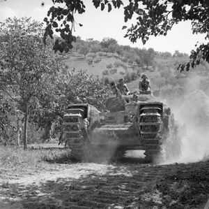 Canadian Army during the Italian Campaign of World War II. Churchill tank of 1st Canadian Armoured Division advancing towards the Gothic Line, 26 August 1944.