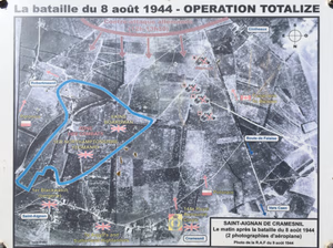 Aerial photograph depicting the battle around Saint-Aignan de Cramesnil in the morning of the 8th August 1944
