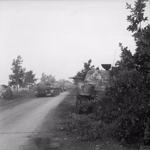 The British Army in North-west Europe 1944-45 Sherman tanks of the Irish Guards Group advance past others which were knocked out earlier during Operation 'Market-Garden', 17 September 1944.