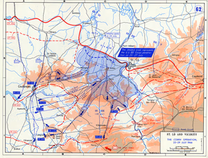 Saint Lo and Vicinity - Operation Cobra - 25-29 July 1944. Background information: In 1938 the predecessors of what is today The Department of History at the United States Military Academy began developing a series of campaign atlases to aid in teaching cadets a course entitled, "History of the Military Art." Since then, the Department has produced over six atlases and more than one thousand maps, encompassing not only America’s wars but global conflicts as well. In keeping abreast with today's technology, the Department of History is providing these maps on the internet as part of the department's outreach program. The maps were created by the United States Military Academy’s Department of History and are the digital versions from the atlases printed by the United States Defense Printing Agency. We gratefully acknowledge the accomplishments of the department's former cartographer, Mr. Edward J. Krasnoborski, along with the works of our present cartographer, Mr. Frank Martini.