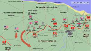 Allied and Axis dispositions on 12 June 1944 before Caen, Normandy. US pressure on the German 352nd Infantry Division forced a withdrawal which opened up a gap in the German line. This was exploited by the British, who attempted to flank the Panzerlehrdivision leading to the Battle of Villers-Bocage
