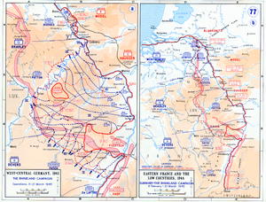 Rhineland Campaign - 11-21 March 1945 Background information: In 1938 the predecessors of what is today The Department of History at the United States Military Academy began developing a series of campaign atlases to aid in teaching cadets a course entitled, "History of the Military Art." Since then, the Department has produced over six atlases and more than one thousand maps, encompassing not only America’s wars but global conflicts as well. In keeping abreast with today's technology, the Department of History is providing these maps on the internet as part of the department's outreach program. The maps were created by the United States Military Academy’s Department of History and are the digital versions from the atlases printed by the United States Defense Printing Agency. We gratefully acknowledge the accomplishments of the department's former cartographer, Mr. Edward J. Krasnoborski, along with the works of our present cartographer, Mr. Frank Martini. Please be aware that these maps are large in file size and may require substantial download times.
