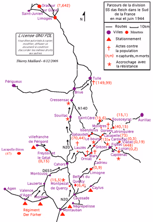 Report sur la carte du parcours de la division SS Das Reich dans le sud de la France en mai et juin 1944