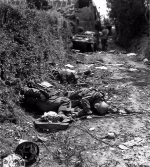 west of Sainteny, France, American soldiers inspect a destroyed German convoy. In the foreground, the bodies of three German parachutists of the FJR.6 (Fallschirmjäger) lie dead. In the background a Schwimmwagen VW 166, at side two GI'S of the 4th US Inf Div including one wearing a medic ’s arm-band.