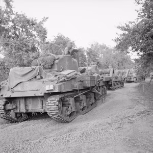 The British Army in Normandy 1944 Sherman Crab flail tanks wait to advance at the start of Operation 'Goodwood', 18 July 1944.