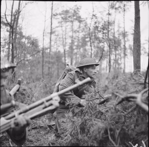 The British Army in North-west Europe 1944-45 Troops of the 5/7th Gordon Highlanders in the Reichswald, 9 February 1945.