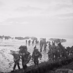 The Allied Campaign in North-west Europe, 6 June 1944 - 7 May 1945 The Battle for Walcheren Island: Men of the 4th Special Service Brigade wade ashore from landing craft near Flushing to complete the occupation of Walcheren.