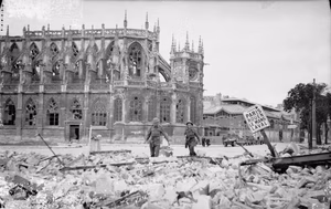 The British Army in Normandy 1944 Troops in front of Caen Cathedral, 10 July 1944.