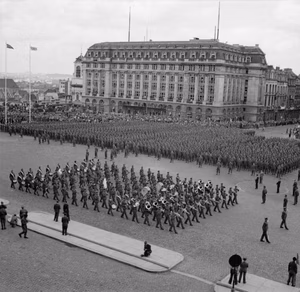 Allied Victory Parade in Brussels Outside the Palais de Justice British troops from the Guards Armoured Division form up in the Place Poelaert during the victory parade.