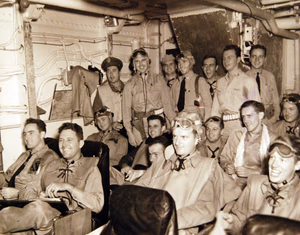 80-G-30253: Operation Torch, November 1942. USS Ranger (CV-4), pilots of Squadron VF-41 laughed and talked with their skipper, Lieutenant Commander C.T. Booth, USN, in the ready room on the morning of the attack on French possession in North Africa. Official U.S. Navy Photograph, now in the collections of the National Archives. (2017/06/06).