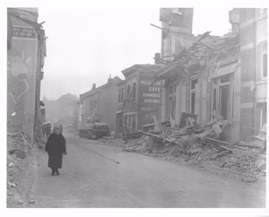 Scope and content: Original caption: Bomb damage, the result of a German ten-day siege of the 101st Airborne Division in Bastogne, Belgium. 12/26/44.