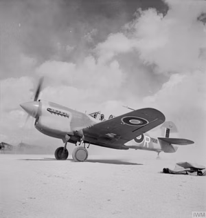 IWM caption : Kittyhawk Mark III , FR241 LD-R, of No. 250 Squadron RAF , taxying at LG 91, Egypt, during Operation LIGHTFOOT, the first phase of the Alamein offensive . FR241 is an early short-tail Mark III with a dorsal fin, which also served later with No. 112 Squadron RAF.