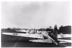 8th Air Force B-17s lined up [on runway] for raid on Berlin — United States.--Air Force--1940-1950. B-17 bomber--1940-1950. World War, 1939-1945--Air operations--American--Germany--Berlin. Photographic prints--1940-1950. — [between 1942 and 1945]