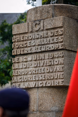 The Signal Monument is pictured in Carentan, France, June 3, 2026. "Here, the heroism of the Allied forces liberates Europe. On June 12, 1944, the 101st Airborne Division opens the glorious road to victory." The monument and yearly commemoration pays tribute to the paratroopers of the 101st Airborne Division who were involved in the liberation of the town in June 1944. (U.S. Army photo by Staff Sgt. Catessa Palone)