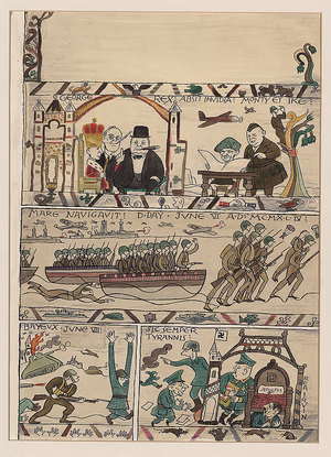 [Cartoon showing D-Day invasion of France by British troops in a parody of the Bayeux Tapestry] — World War, 1939-1945--Campaigns & battles--France--Normandy. Drawings--1940-1950. Editorial cartoons--1940-1950. — [1944]