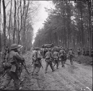 The British Army in North-west Europe 1944-45 Men of the 2nd Seaforth Highlanders and Churchill tanks in the Reichswald forest, 10 February 1945.