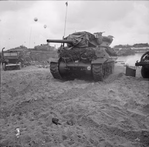 D-day - British Forces during the Invasion of Normandy, 6 June 1944 "An M10 Wolverine 3-inch self-propelled gun of 20th Anti-Tank Regiment on Queen Red beach, Sword area, 6 June 1944"