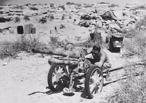 A German "47.32 millimetre choke-bore anti-tank gun" being inspected by regimental Sergeant-Major P. Lawson, of 2/32nd Australian Infantry Battalion near El Alamein in 1942.
