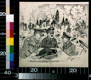 Thanksgiving feast in Berlin 1943 — Hitler, Adolf,--1889-1945. Goebbels, Joseph,--1897-1945. Göring, Hermann,--1893-1946. World War, 1939-1945--Air operations--Allied--Germany--Berlin. Thanksgiving Day--1940-1950. Drawings--American--1940-1950. Editorial cartoons--American--1940-1950. — [1943 Nov. 25.]