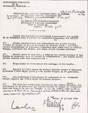 Reddition de la garnison allemande de Paris, signée par le général von Choltitz le 25 août, reçue par le général Leclerc et contresignée par le colonel Rol-Tanguy.