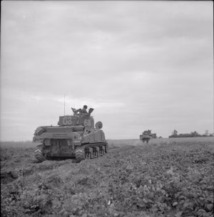 The British Army in Normandy 1944 Sherman tanks of 33rd Armoured Brigade during Operation 'Charnwood', the attack on Caen, 8 July 1944.