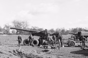 Royal Artillery 7.2-inch howitzers mounted on modified US 155 mm Long Tom carriages being brought up to fire in support of the Rhine crossing .