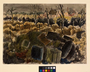 Ruined Landscape, Reichwald Forest 1945 image: a ruined landscape scarred by war near the Reichswald Forest in Germany. In the foreground various petrol canisters and implements litter a shell hole, with bomb damaged buildings and trees in the background. Military vehicles move along a road on the horizon.