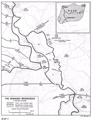 "The Remagen Bridgehead 7-24 March 1945" by H.C. Brewer Jr., from MacDonald, Charles B. (1973). US Army in WW II: The Last Offensive (CMH Pub 7-9-1). Washington D.C.: Center for Military History, Government Printing Office.