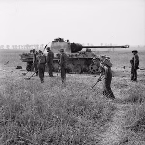 The British Army in the Normandy Campaign 1944 Royal Engineers search for mines near a knocked out German Panther tank, near Villers Bocage, 4 August 1944.