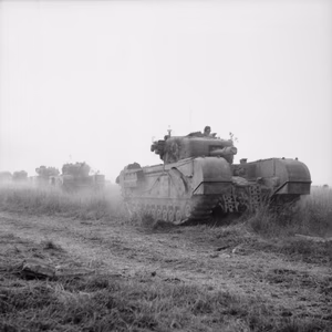 The British Army in Normandy 1944 Churchill tanks moving into position at dawn to support the attack on Evrecy, 16 July 1944.