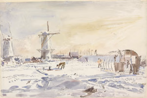 Building a Nissen Hut at Wemeldinge, Holland image: a group of British soldiers build a Nissen hut in the right foreground, in a snow covered Dutch landscape. There are two windmills to the left and various farm buildings.