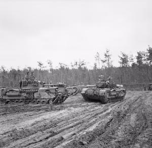 Churchill tanks of 107th Regiment RAC (King's Own), 34th Tank Brigade, at the start of the Reichswald battle in Germany, 9 February 1945. Churchill tanks of 107th Regiment RAC (King's Own), 34th Tank Brigade, at the start of the Reichswald battle, 9 February 1945.
