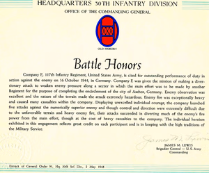Extract from General Order 91, HQ 30th Inf Division, 2nd May 1945. Describing the Distinguished Unit Citation awared to E Company, 117th Infantry Regiment for it's actions at Aachen, October 1944
