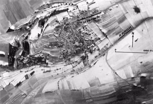 Aerial view of Mont-dlé-Oufalijhe, Houffalize, Belgium, 26 December 1944. The photo shows two German vehicle columns.