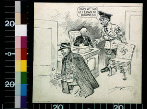 Now we can get down to business — Hitler, Adolf,--1889-1945. Weygand, Maxime,--1867-1965. Pétain, Philippe,--1856-1951. France--History--German occupation, 1940-1945. Drawings. Editorial cartoons--American. — 1941 Nov. 22.