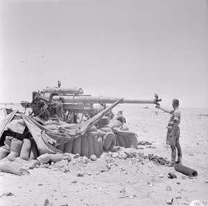 The British Army in North Africa 1942 A German 88mm anti-tank gun captured and destroyed by New Zealand troops near El Alamein, 17 July 1942.