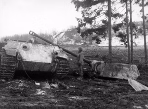 A destroyed German Panzer V Panther tank near Marnach, Luxembourg, 5 km west of Dasburg, Germany, 22-25 January 1945.