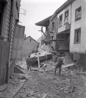 Tiger II of 501st SS Heavy Panzer Battalion stranded in Stavelot; Peiper abandoned it retreating to La Gleize