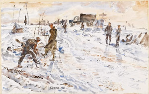 Pioneers on a Frozen Road at Kapelle near Goes, Zeeland image: A flat frozen landscape. A military van has stopped on the road. Several soldiers are standing around on the side of the road. On the left two soldiers appear to be digging or breaking the ice on the road's surface.