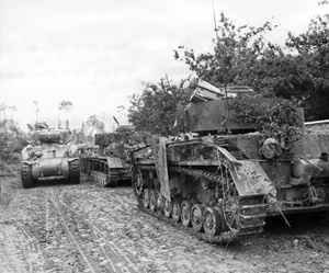 A U.S. M4 Sherman tank passes two damaged German Panzer IV while the 117th Infantry, 30th Division moved forward between the St. Fromond bridgehead and Saint-Lô, France. 9 July 1944.