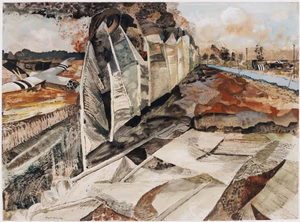 France- the Beach Head, 1944; the road between St Aubin and Benouville, the main supply route to the troops on the east side of the River Orne. It was under constant shell fire from the German batteries around Caen. image: a landscape showing a road under artillery bombardment. A line of protective camouflaged screens lie in the centre of the image, the screens in the foreground having been damaged. Two damaged Horsa gliders lie on the ground, one on the right next to the road, and the other on the left, its wings still intact. Plumes of black smoke, the result of the bombardment, emerge from behind the line of screens.