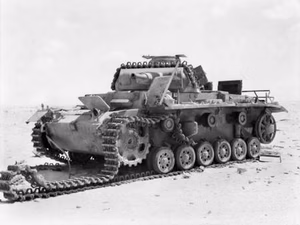 A knocked out German Panzer III in the Western Desert.