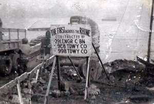 Sign erected by the 291st Engineer Combat Battalion declaring their bridge the first over the Rhine at Remagen