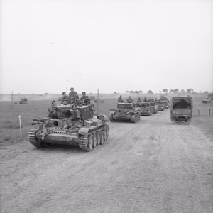 The British Army in the Normandy Campaign 1944 Cromwell tanks of A Squadron 8th King's Royal Irish Hussars, the armoured reconnaissance regiment of 7th Armoured Division, south east of Caen, 19 July 1944.