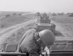 The Polish Army in the Normandy Campaign, 1944 Column of Cromwell tanks of the 10th Mounted Rifles Regiment (1st Polish Armoured Division) moving towards enemy positions during the Battle of Falaise Pocket.